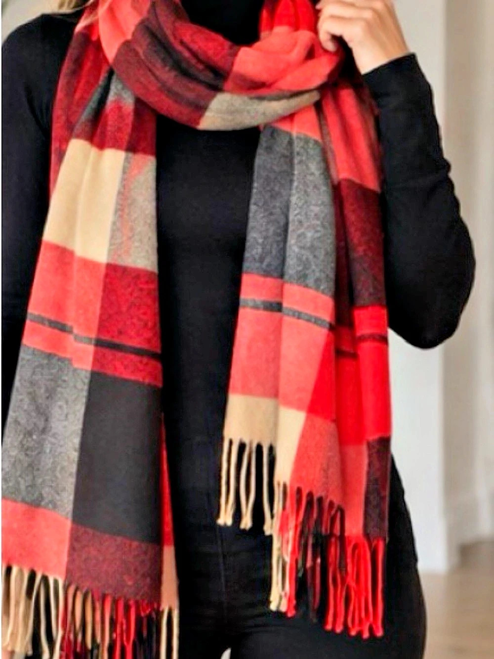 27x75” TITLE: 100% Pashmina Oversized Plaid Wrap Scarf Red Black Beige 27” x 75”